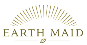 Gold gradient background featuring the Earth Maid logo: a semicircular sunburst above the text 'EARTH MAID' and a leaf between two horizontal lines.