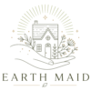 Gold line art of a small house inside a radiant circular backdrop with plants and star-like accents, containing the text 'EARTHM' at the bottom.