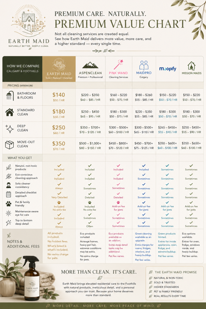 Earth Maid Premium Value Chart: a comparison table of cleaning service tiers and prices across providers, with Earth Maid highlighted.