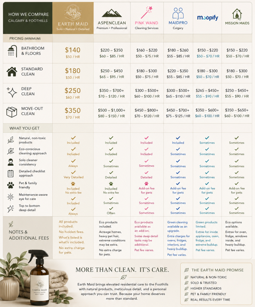 Website Price Check Earth Maid Premium Value Chart: a price comparison infographic showing cleaning service tiers (Bathroom & Floors, Standard, Deep, Move-Out) across multiple brands, with 'What You Get' benefits and notes.
