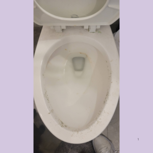 Top-down view of a dirty white toilet bowl with grime around the rim and brown stains inside nearby water stains in the bowl.