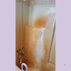 Shower stall with heavy orange rust stains and peeling paint on beige fiberglass walls, handheld shower and faucet visible at left.
