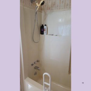 Bathtub/shower with a handheld showerhead, two bottles on a built-in shelf, and a white curved grab bar at the tub edge.