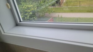 Window view of a suburban yard: green lawn, trees, and a chain-link fence beyond a sidewalk path.